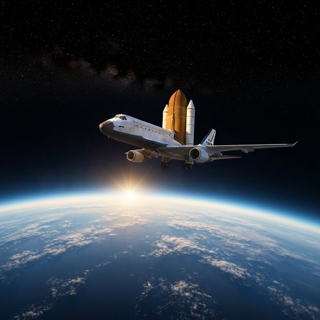 NASA Space Shuttle mounted on Boeing 747 carrier aircraft flying above Earth